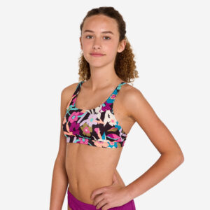 Decathlon Bikini-Oberteil Mädchen Bustier geblümt verstellbar 500 Nora Azalea schwarz
