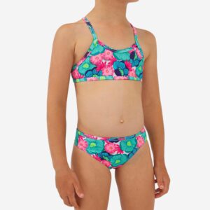Decathlon Bikini-Set Surfen Mädchen gekreuzte Träger geblümt/türkis